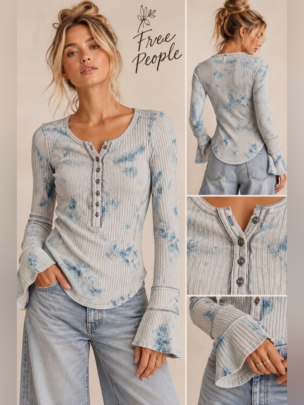Free People Light Blue Gray Tie-Dye Ribbed Henley with Bell Sleeves S